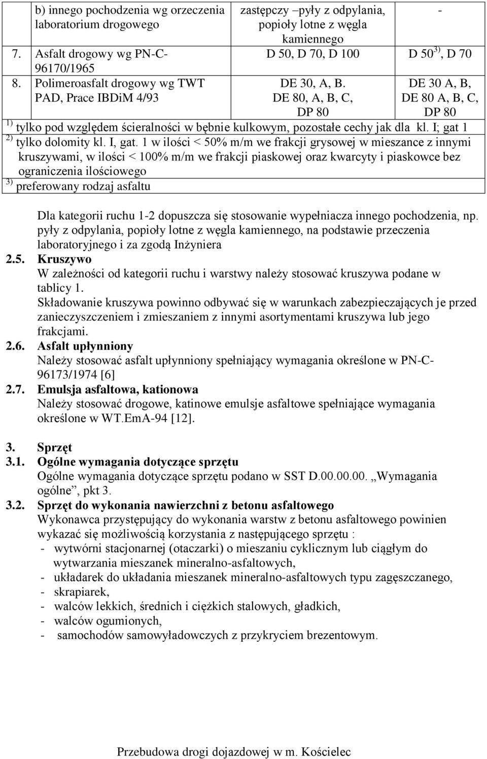 DE 80, A, B, C, DP 80 DE 30 A, B, DE 80 A, B, C, DP 80 1) tylko pod względem ścieralności w bębnie kulkowym, pozostałe cechy jak dla kl. I; gat 1 2) tylko dolomity kl. I, gat.