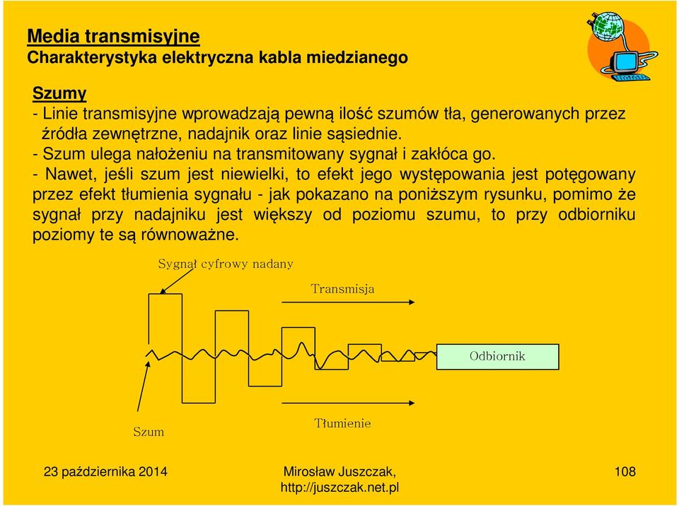 - Nawet, jeśli szum jest niewielki, to efekt jego występowania jest potęgowany przez efekt tłumienia sygnału - jak pokazano na poniższym