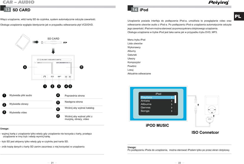 ipad-em można sterować za pomocą ekranu dotykowego urządzenia. Obsługa urządzenia w trybie ipod jest taka sama jak w przypadku trybu DVD, MP3.