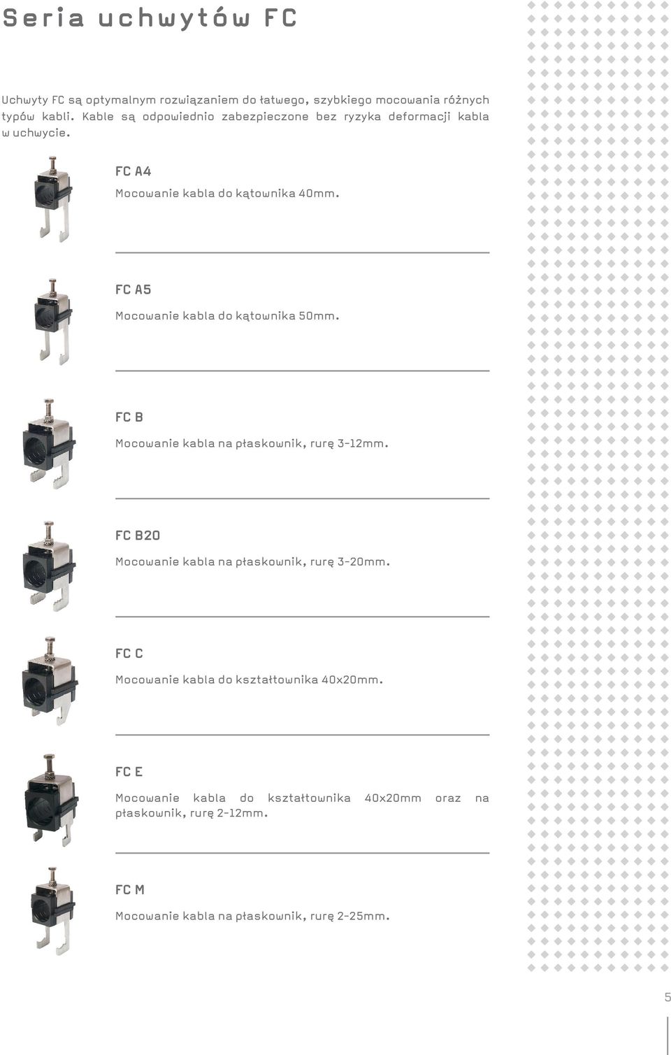 FC A5 Mocowanie kabla do kątownika 50mm. FC B Mocowanie kabla na płaskownik, rurę 3-12mm.