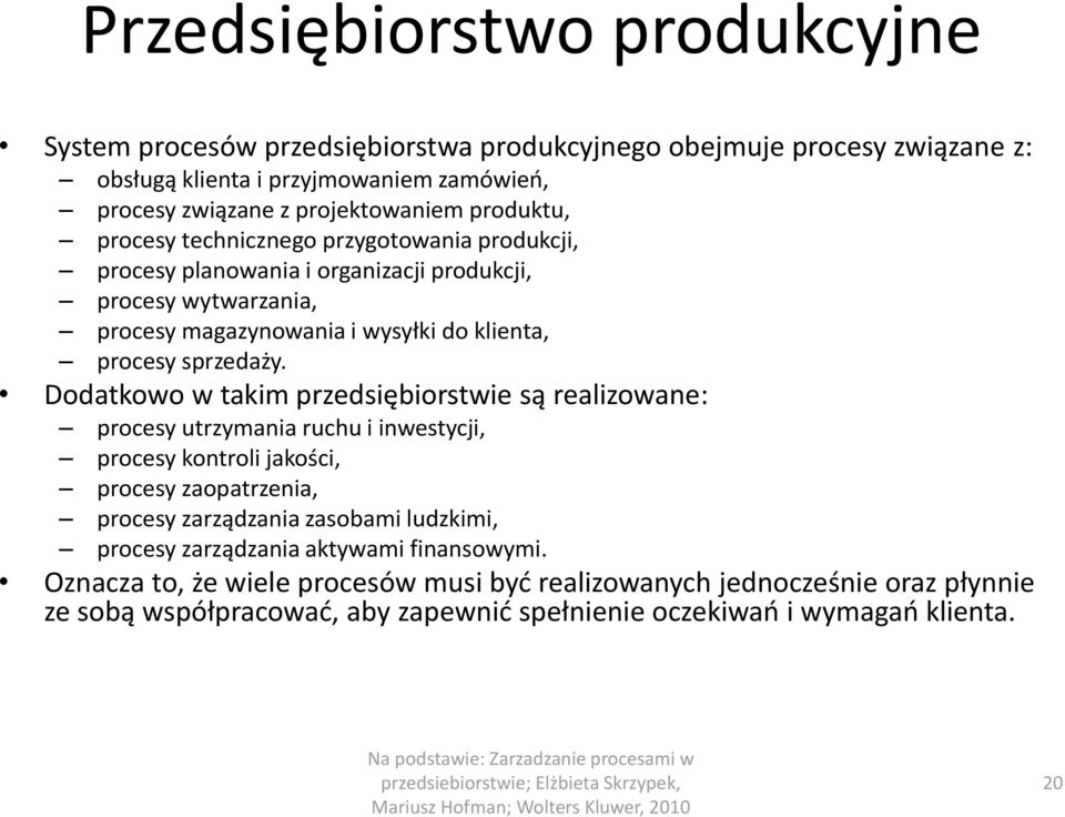 Dodatkowo w takim przedsiębiorstwie są realizowane: procesy utrzymania ruchu i inwestycji, procesy kontroli jakości, procesy zaopatrzenia, procesy zarządzania zasobami ludzkimi, procesy