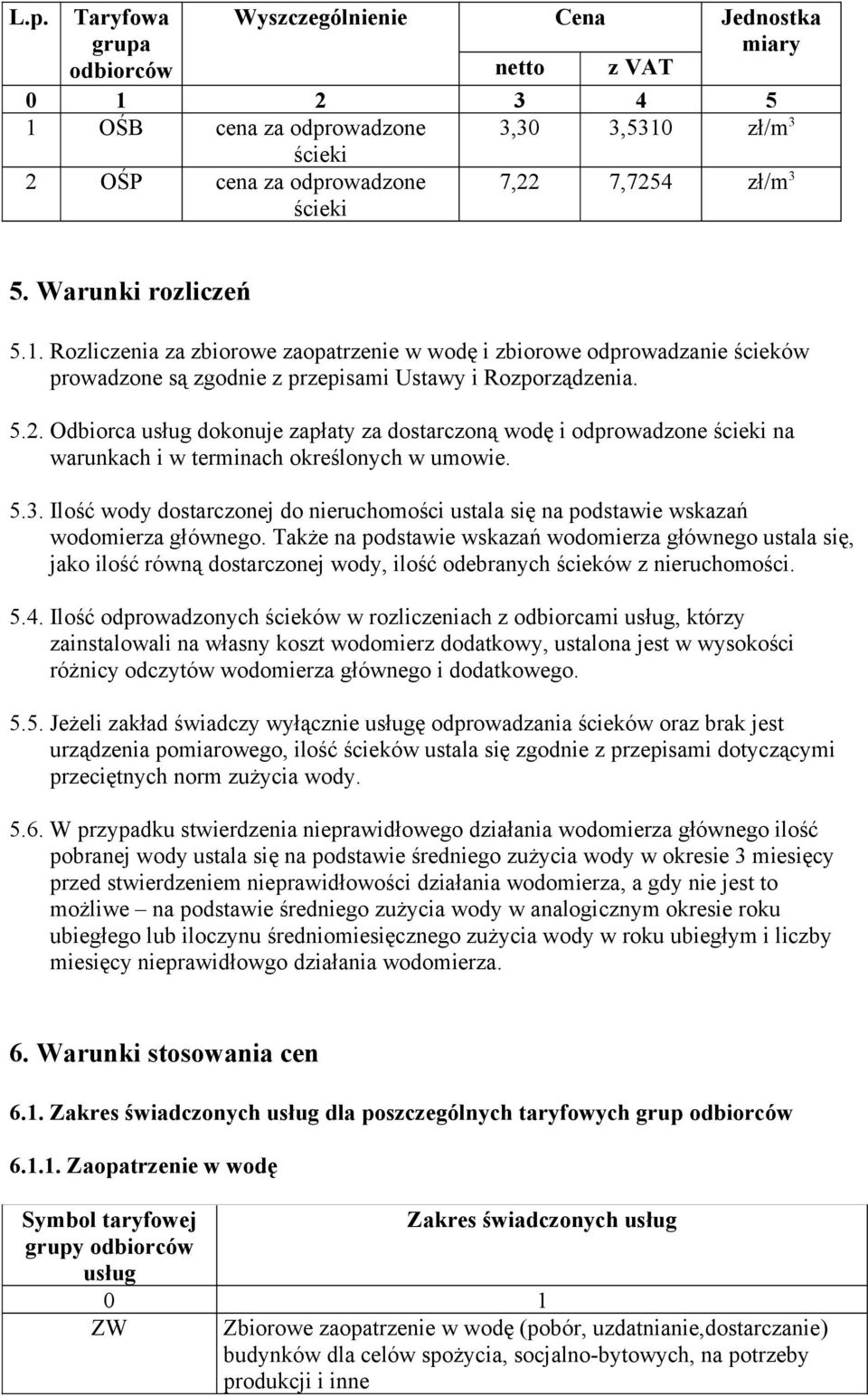 Odbiorca usług dokonuje zapłaty za dostarczoną wodę i odprowadzone ścieki na warunkach i w terminach określonych w umowie. 5.3.