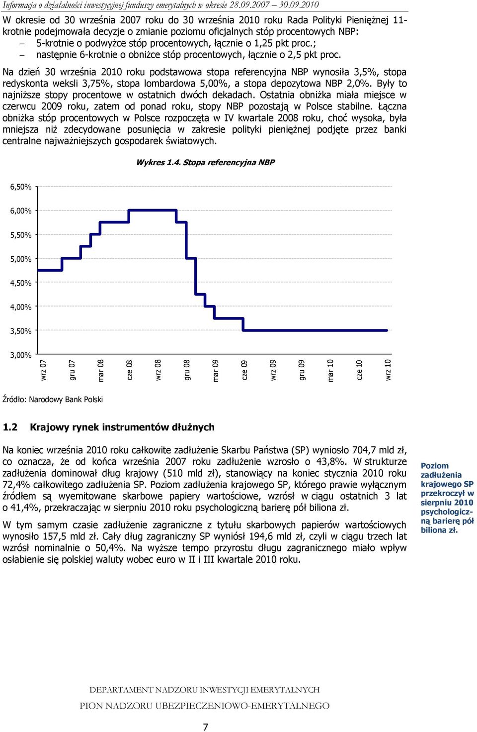 Na dzień 30 września 2010 roku podstawowa stopa referencyjna NBP wynosiła 3,5%, stopa redyskonta weksli 3,75%, stopa lombardowa 5,00%, a stopa depozytowa NBP 2,0%.