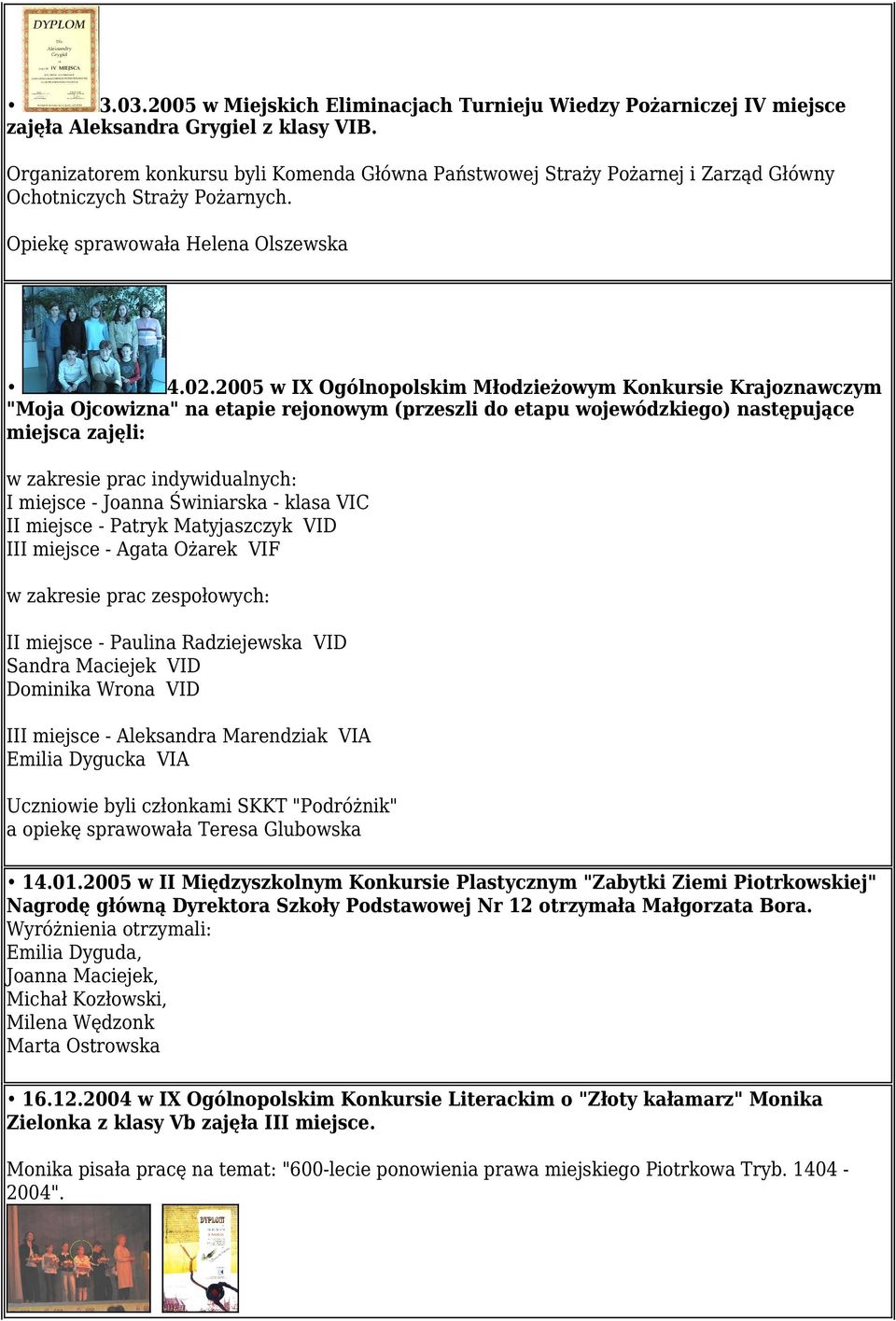 2005 w IX Ogólnopolskim Młodzieżowym Konkursie Krajoznawczym "Moja Ojcowizna" na etapie rejonowym (przeszli do etapu wojewódzkiego) następujące miejsca zajęli: w zakresie prac indywidualnych: I