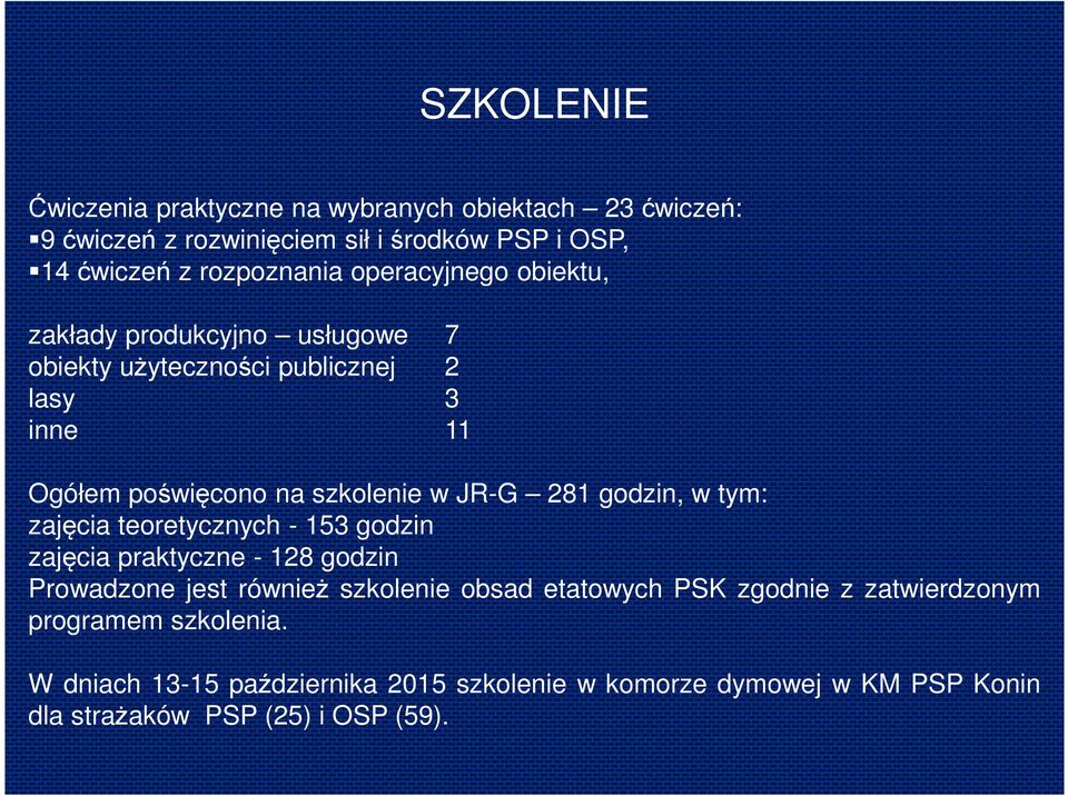 godzin, w tym: zajęcia teoretycznych - 153 godzin zajęcia praktyczne - 128 godzin Prowadzone jest również szkolenie obsad etatowych PSK zgodnie