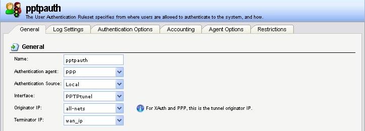 Utworzyć tunel PPTP i określić jego konfigurację. Wskazać adres IP serwera PPTP, protokół, Interfejs zewnętrzny.