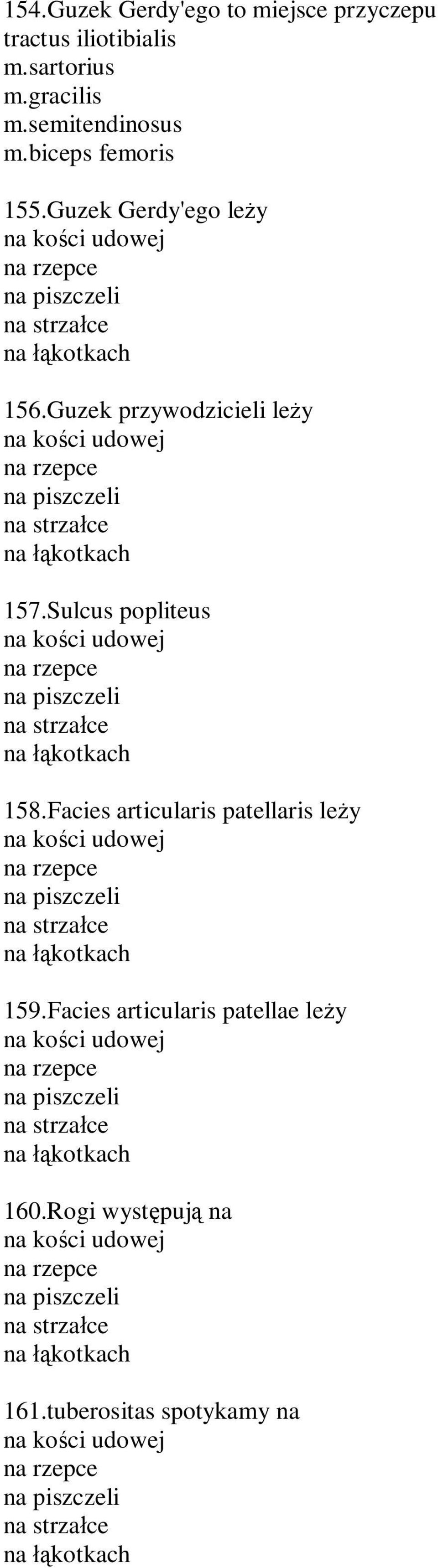 Sulcus popliteus na ko ci udowej na rzepce na piszczeli na strza ce na kotkach 158.Facies articularis patellaris le y na ko ci udowej na rzepce na piszczeli na strza ce na kotkach 159.