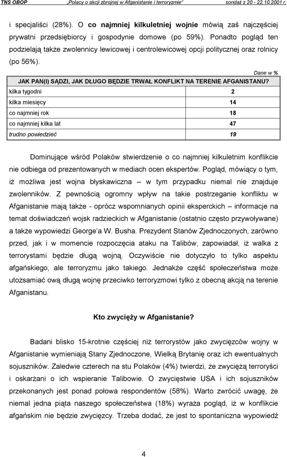 Ponadto pogląd ten podzielają także zwolennicy lewicowej i centrolewicowej opcji politycznej oraz rolnicy (po 56%). Dane w % JAK PAN(I) SĄDZI, JAK DŁUGO BĘDZIE TRWAŁ KONFLIKT NA TERENIE AFGANISTANU?