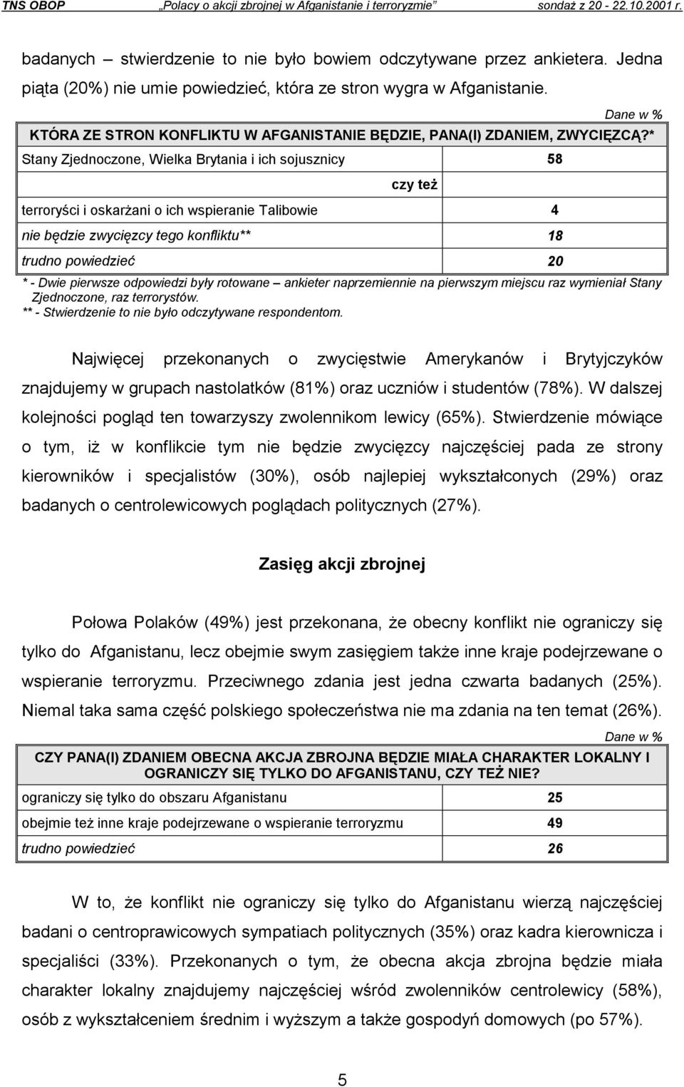 * Stany Zjednoczone, Wielka Brytania i ich sojusznicy 58 czy też terroryści i oskarżani o ich wspieranie Talibowie 4 nie będzie zwycięzcy tego konfliktu** 18 trudno powiedzieć 20 * - Dwie pierwsze