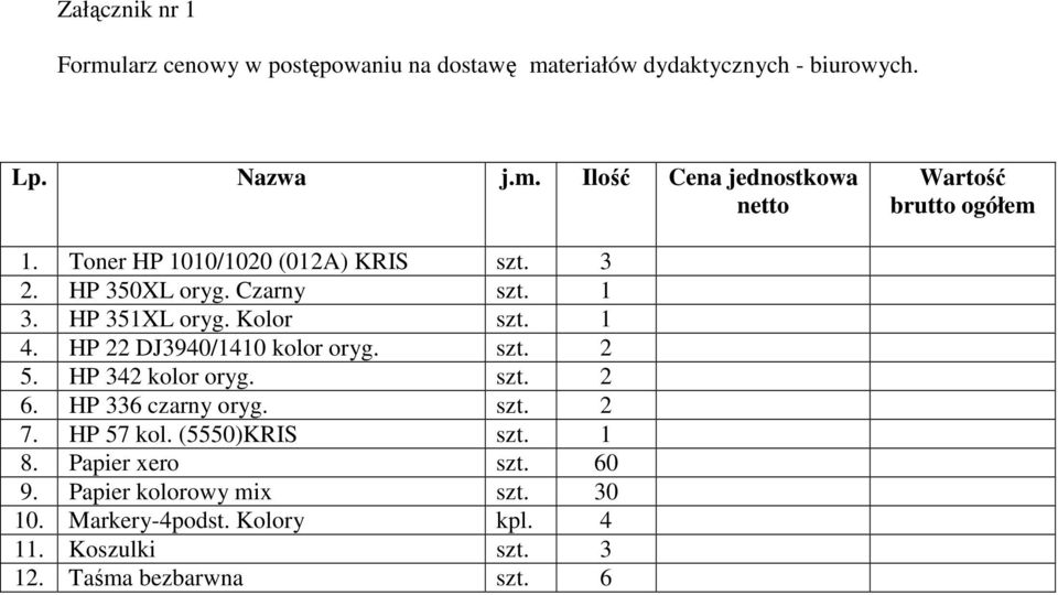 szt. 2 5. HP 342 kolor oryg. szt. 2 6. HP 336 czarny oryg. szt. 2 7. HP 57 kol. (5550)KRIS szt. 1 8. Papier xero szt. 60 9.