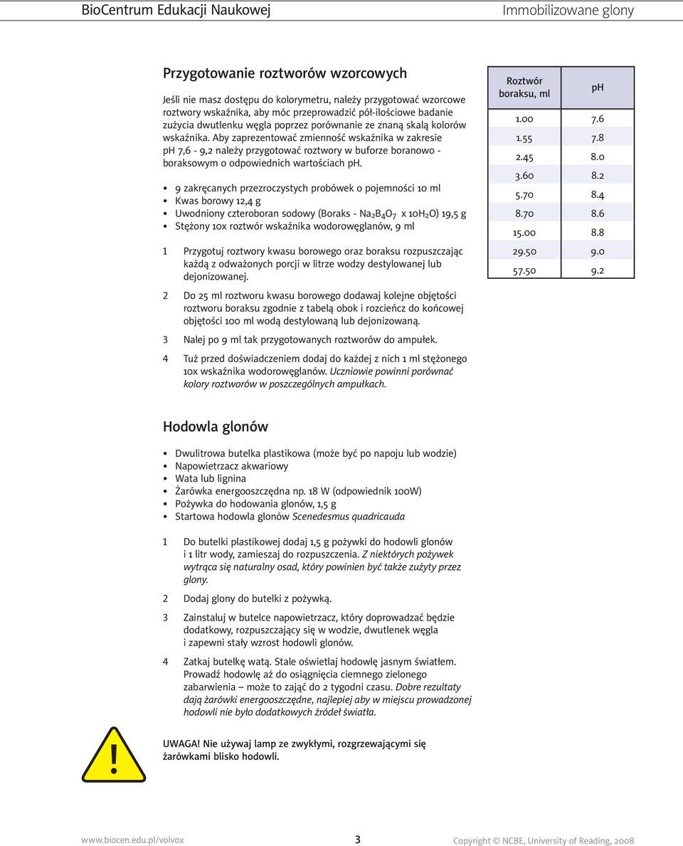 1 2 3 4 9 zakręcanych przezroczystych probówek o pojemności 10 ml Kwas borowy 12,4 g Uwodniony czteroboran sodowy (Boraks - Na 2 B 4 O 7 x 10H 2 O) 19,5 g Stężony 10x roztwór wskaźnika