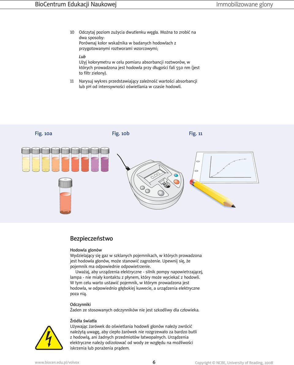 jest hodowla przy długości fali 550 nm (jest to filtr zielony). Narysuj wykres przedstawiający zależność wartości absorbancji lub ph od intensywności oświetlania w czasie hodowli. Fig. 10a Fig.