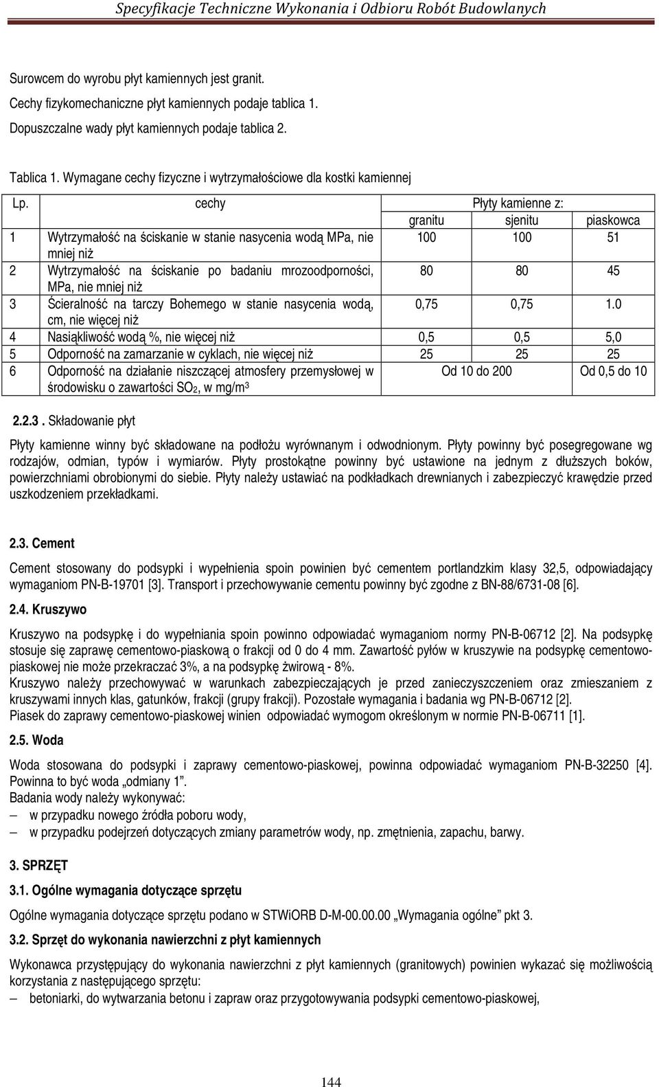 cechy Płyty kamienne z: granitu sjenitu piaskowca 1 Wytrzymałość na ściskanie w stanie nasycenia wodą MPa, nie 100 100 51 mniej niż 2 Wytrzymałość na ściskanie po badaniu mrozoodporności, 80 80 45