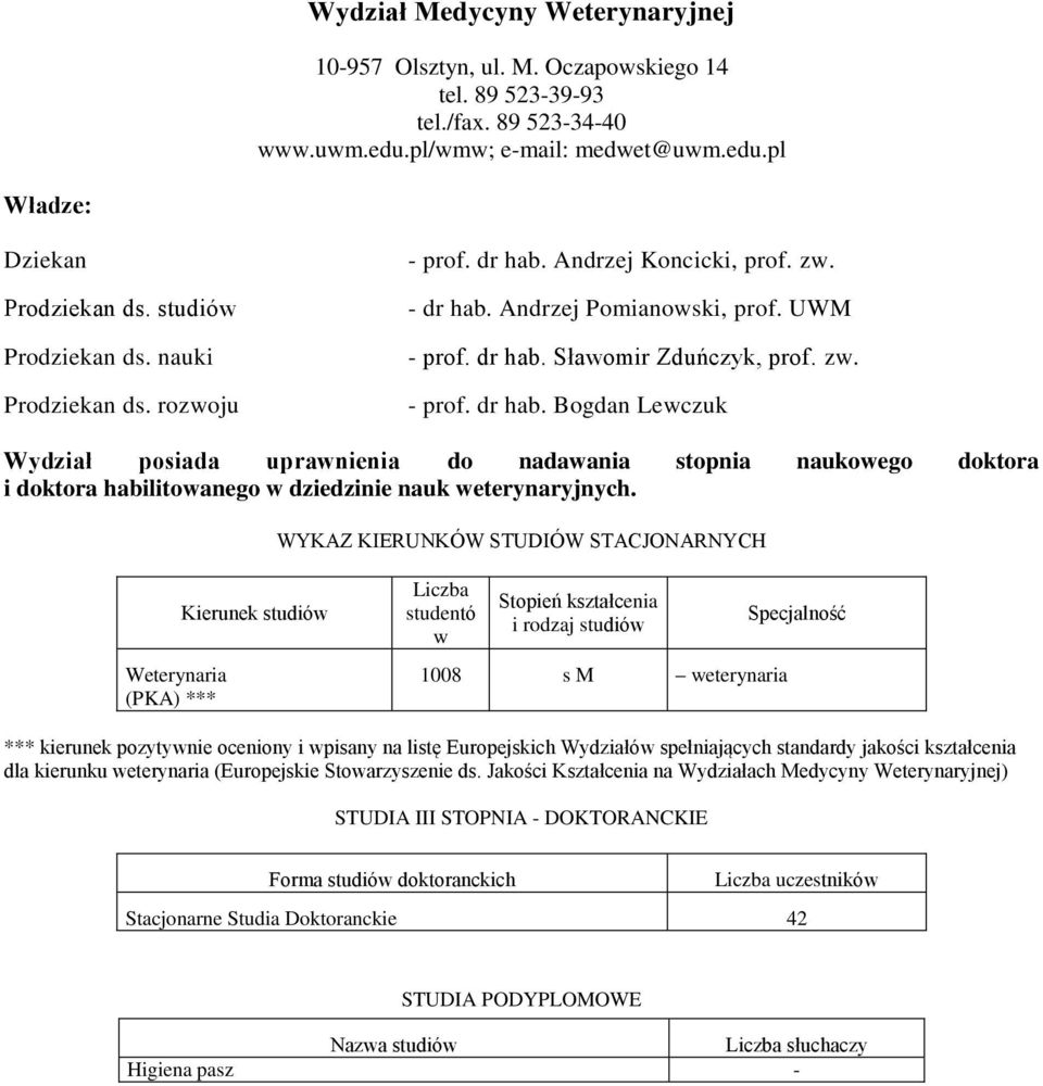 WYKAZ KIERUNKÓW STUDIÓW STACJONARNYCH studentó w Stopień kształcenia i rodzaj studiów Weterynaria *** 1008 s M weterynaria *** kierunek pozytywnie oceniony i wpisany na listę Europejskich Wydziałów