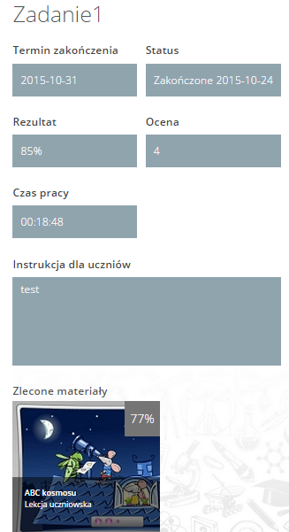 zakończonego zadania: Na ekranie szczegółów zakończonego zadania widoczne są następujące informacje: nazwa zadania, planowany termin zakończenia zadania, status rozwiązywania zadania tj.