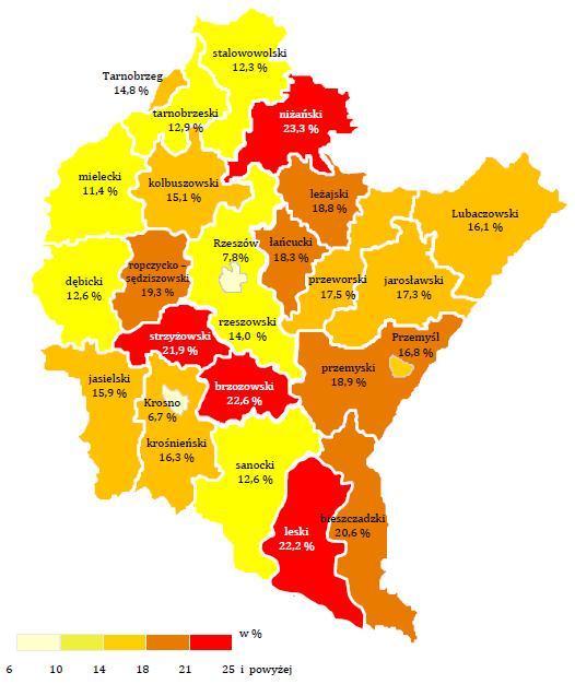 Strona66 Rycina 29. Stopa bezrobocia rejestrowanego w poszczególnych powiatach województwa podkarpackiego według stanu na koniec grudnia 2014 roku. Źródło: http://www.wup-rzeszow.