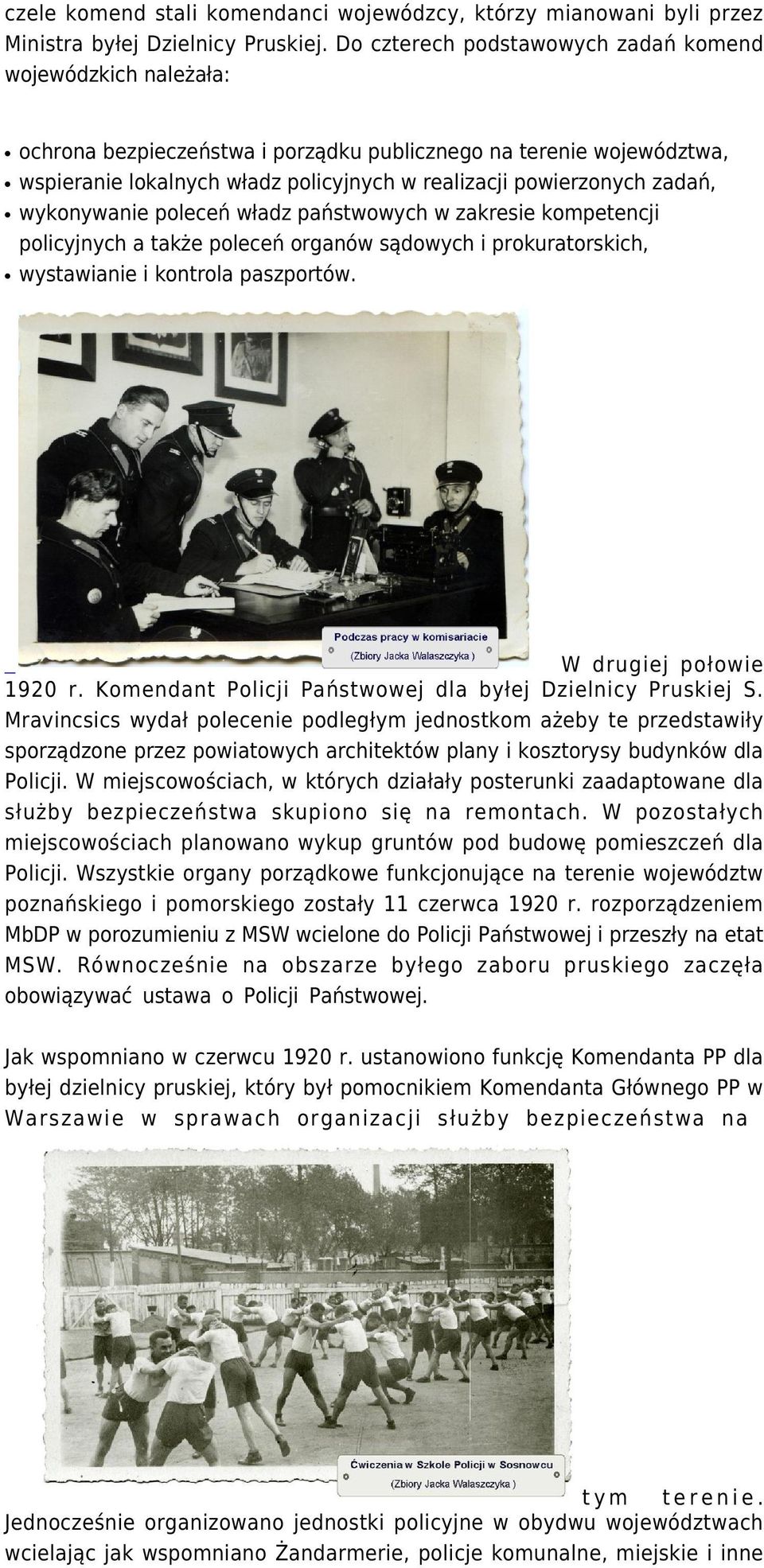 zadań, wykonywanie poleceń władz państwowych w zakresie kompetencji policyjnych a także poleceń organów sądowych i prokuratorskich, wystawianie i kontrola paszportów. W drugiej połowie 1920 r.