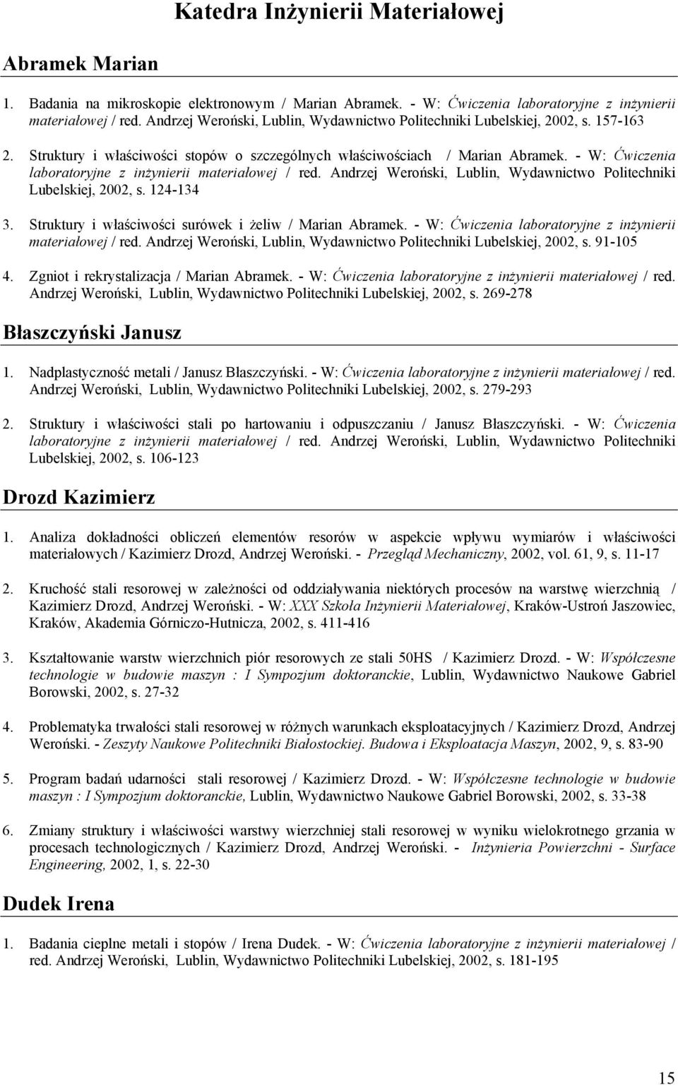 - W: Ćwiczenia laboratoryjne z inżynierii materiałowej / red. Andrzej Weroński, Lublin, Wydawnictwo Politechniki Lubelskiej, 2002, s. 124-134 3.