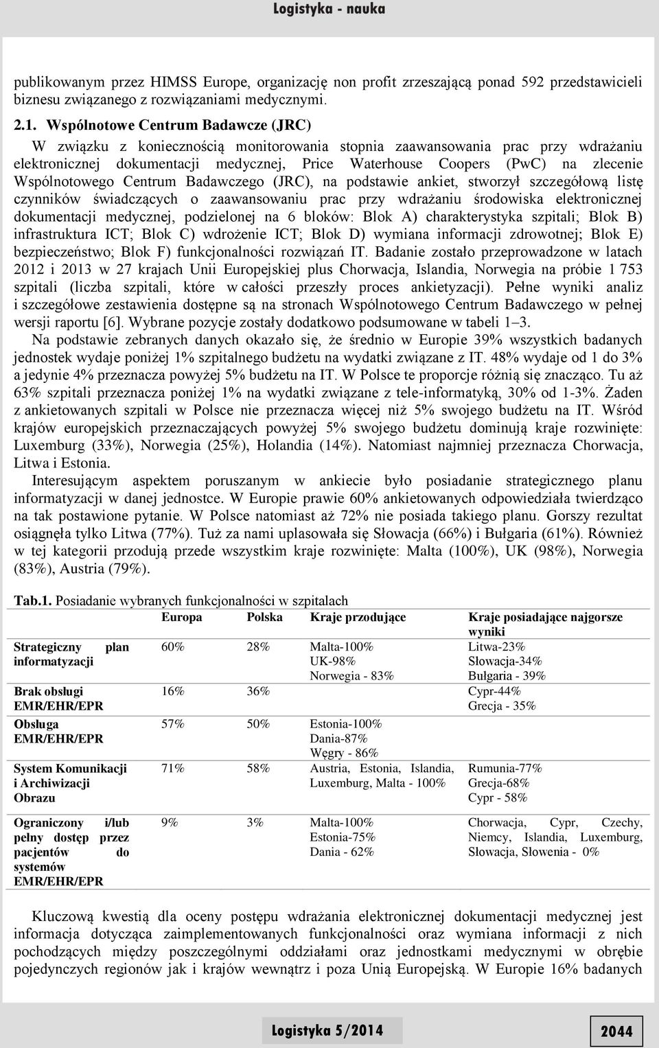 Wspólnotowego Centrum Badawczego (JRC), na podstawie ankiet, stworzył szczegółową listę czynników świadczących o zaawansowaniu prac przy wdrażaniu środowiska elektronicznej dokumentacji medycznej,