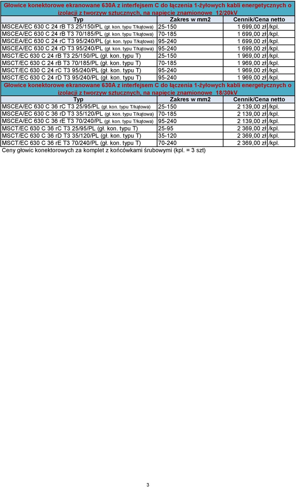 MSCEA/EC 630 C 24 rd T3 95/240/PL (gł. kon. typu T/kątowa) 95-240 1 699,00 zł /kpl. MSCT/EC 630 C 24 rb T3 25/150/PL (gł. kon. typu T) 25-150 1 969,00 zł /kpl. MSCT/EC 630 C 24 rb T3 70/185/PL (gł.
