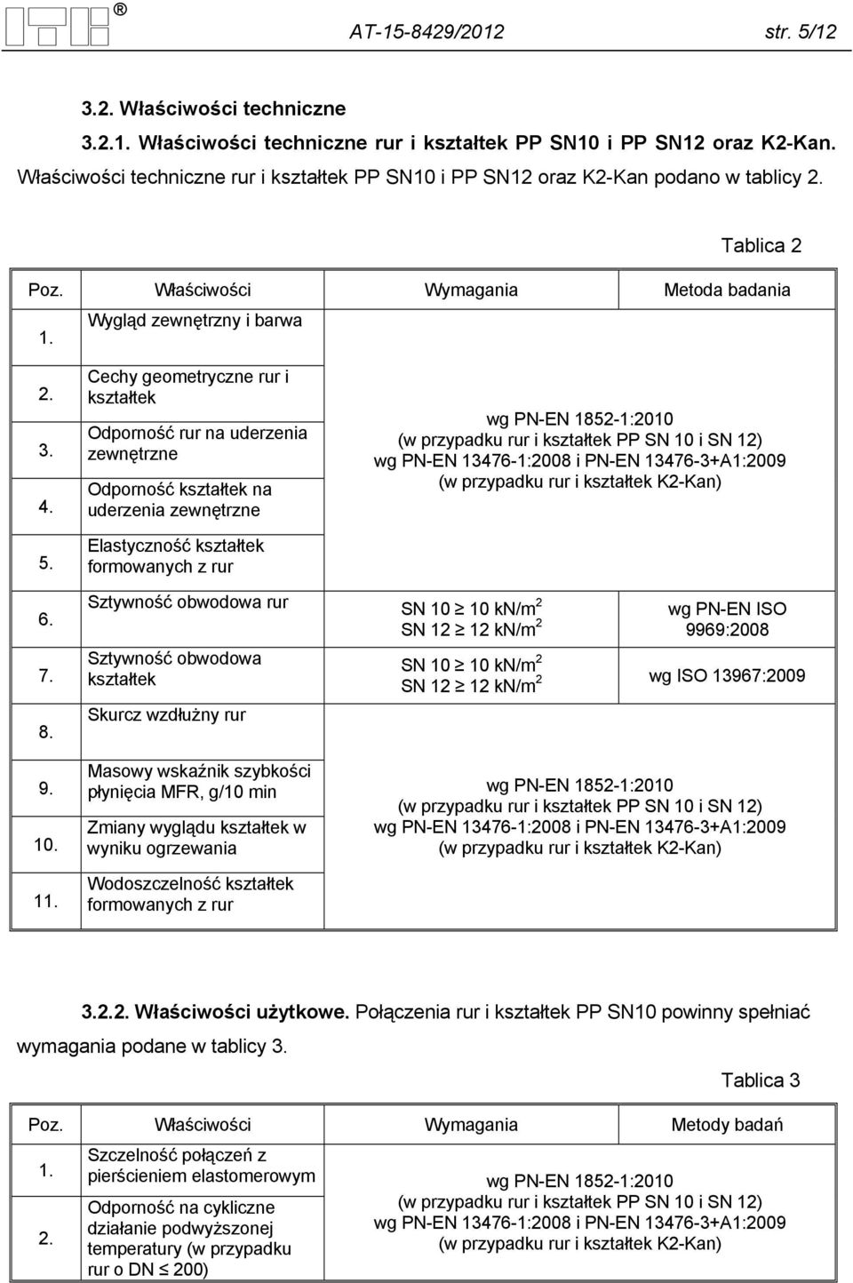 Cechy geometryczne rur i kształtek Odporność rur na uderzenia zewnętrzne Odporność kształtek na uderzenia zewnętrzne Elastyczność kształtek formowanych z rur wg PN-EN 1852-1:2010 (w przypadku rur i