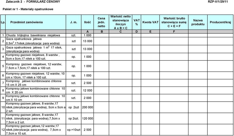 nitek a 100 szt. 5 Kompresy gazowe niejałowe, 12 warstw, 7,5cm x 7,5cm,17 nitek a 100 szt. Kompresy gazowe niejałowe, 12 warstw, 10 6 cm x 10cm, 17 nitek a 100 szt.