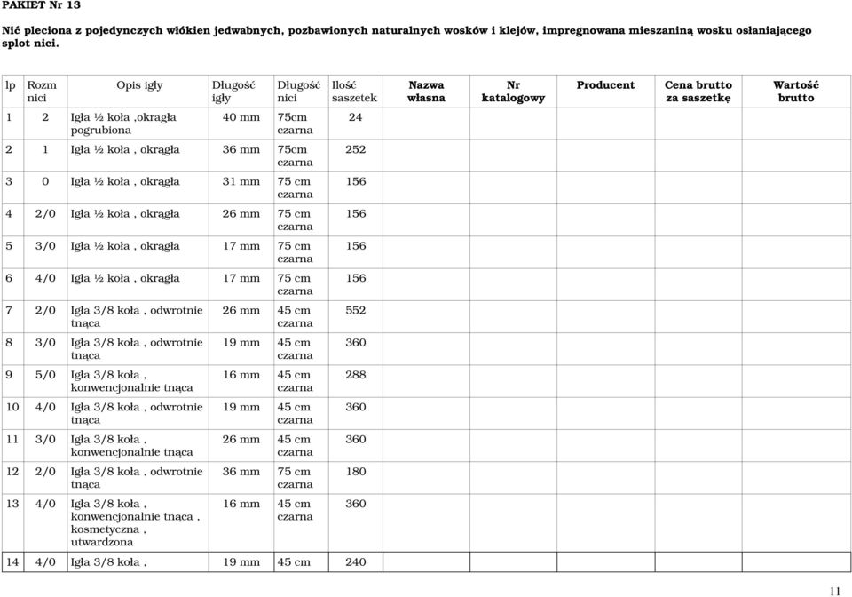 Igł ½ koł, okrągł 26 75 cm czrn 156 5 3/0 Igł ½ koł, okrągł 17 75 cm czrn 156 6 4/0 Igł ½ koł, okrągł 17 75 cm czrn 156 7 2/0 Igł 3/8 koł, odwrotnie tnąc 26 45 cm czrn 552 8 3/0 Igł 3/8 koł,