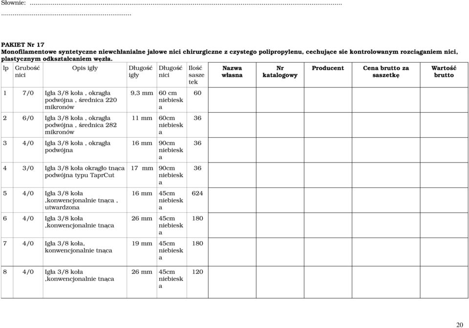 3/8 koł okrągło tnąc podwójn typu TprCut 5 4/0 Igł 3/8 koł,konwencjonlnie tnąc, utwrdzon 6 4/0 Igł 3/8 koł,konwencjonlnie tnąc 7 4/0 Igł 3/8 koł, konwencjonlnie tnąc igły 9,3