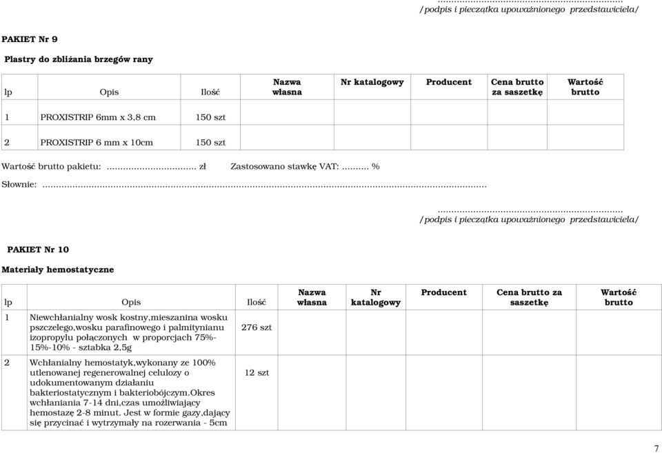 .. /podpis i pieczątk upowŝnionego przedstwiciel/ PAKIET Nr 10 Mteriły hemosttyczne lp Opis Nr ktlogowy Producent Cen z sszetkę 1 Niewchłnilny wosk kostny,miesznin wosku pszczelego,wosku