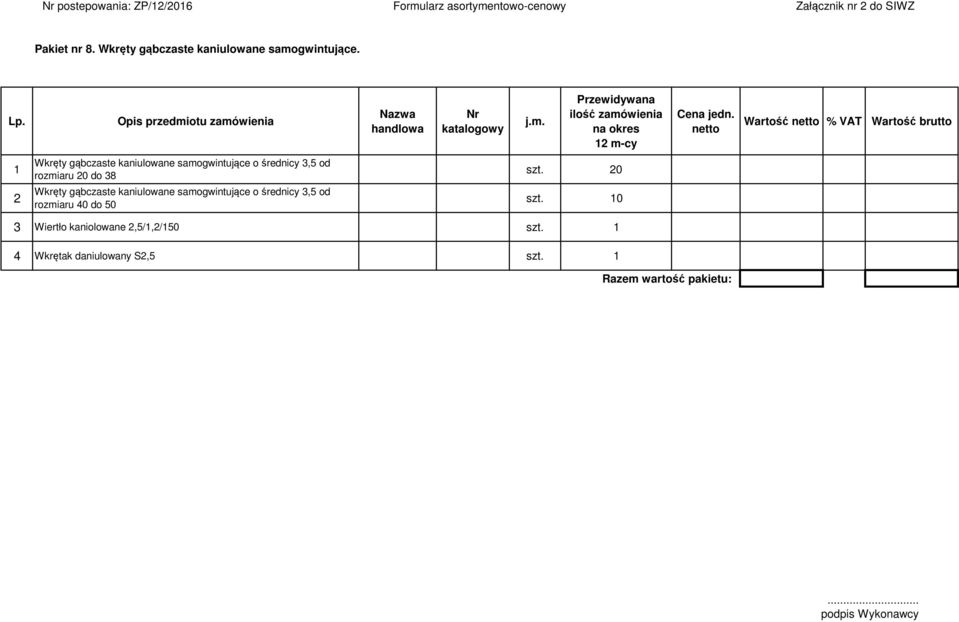 netto Wartość netto % VAT Wartość brutto 2 Wkręty gąbczaste kaniulowane samogwintujące o średnicy 3,5 od rozmiaru 20