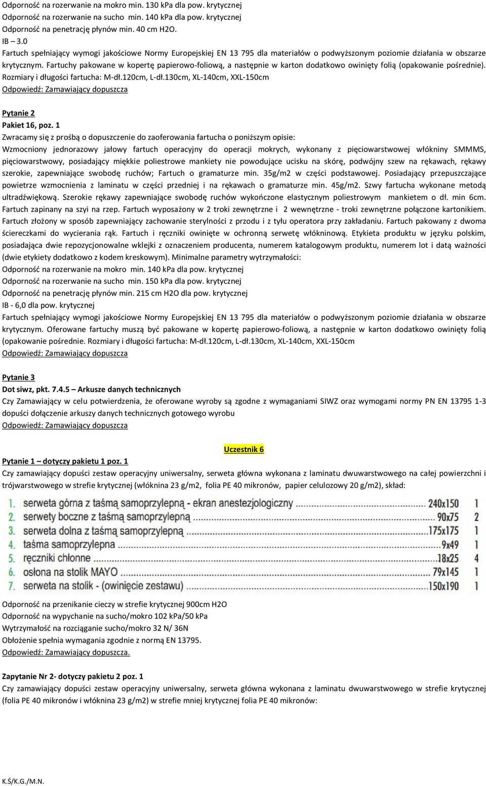 Fartuchy pakowane w kopertę papierowo-foliową, a następnie w karton dodatkowo owinięty folią (opakowanie pośrednie). Rozmiary i długości fartucha: M-dł.120cm, L-dł.