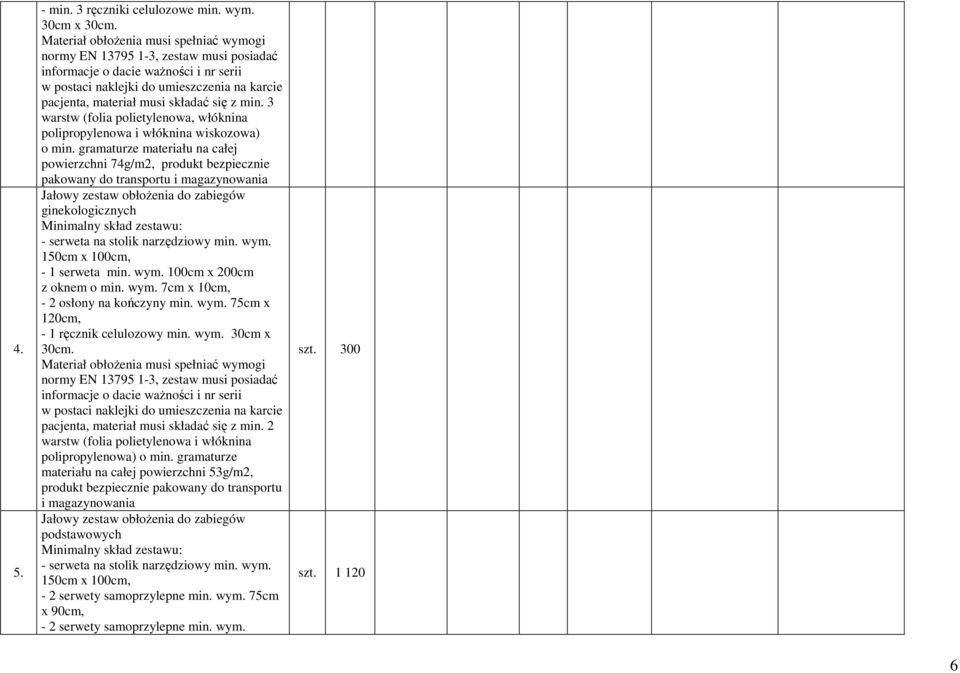 stolik narzędziowy min. wym. 150cm x 100cm, - 1 serweta min. wym. 100cm x 200cm z oknem o min. wym. 7cm x 10cm, - 2 osłony na kończyny min. wym. 75cm x 120cm, - 1 ręcznik celulozowy min. wym. 30cm x 30cm.