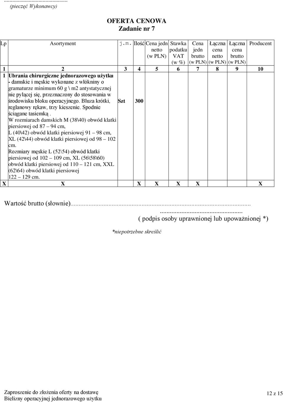 Ilość Cena jedn Stawka podatku VAT (w %) Cena jedn Producent 1 2 3 4 5 6 7 8 9 10 1 Ubrania chirurgiczne jednorazowego użytku - damskie i męskie wykonane z włókniny o gramaturze minimum 60 g \ m2