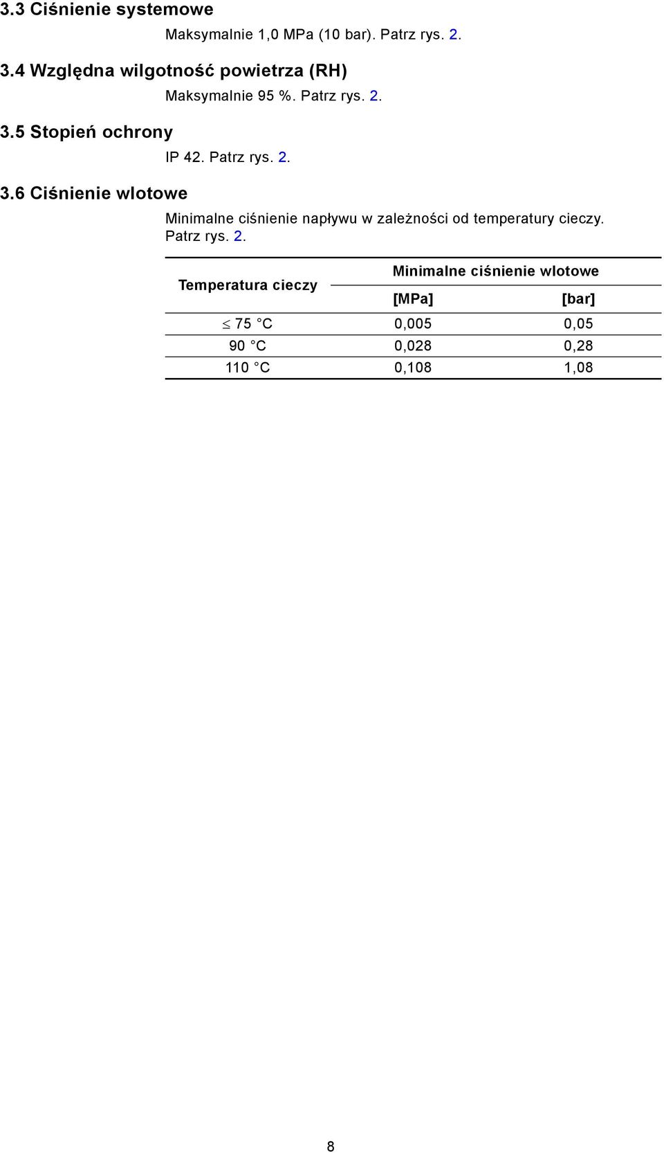 Patrz rys. 2. IP 42. Patrz rys. 2. Minimalne ciśnienie napływu w zależności od temperatury cieczy.