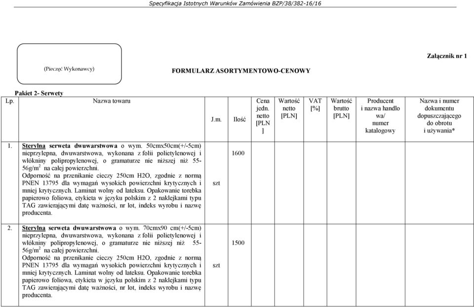 50cmx50cm(+/-5cm) nieprzylepna, dwuwarstwowa, wykonana z folii polietylenowej i włókniny polipropylenowej, o gramaturze nie niższej niż 55-56g/m 2 na całej powierzchni.