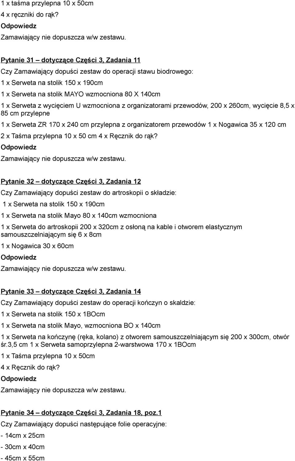 wycięciem U wzmocniona z organizatorami przewodów, 200 x 260cm, wycięcie 8,5 x 85 cm przylepne 1 x Serweta ZR 170 x 240 cm przylepna z organizatorem przewodów 1 x Nogawica 35 x 120 cm 2 x Taśma