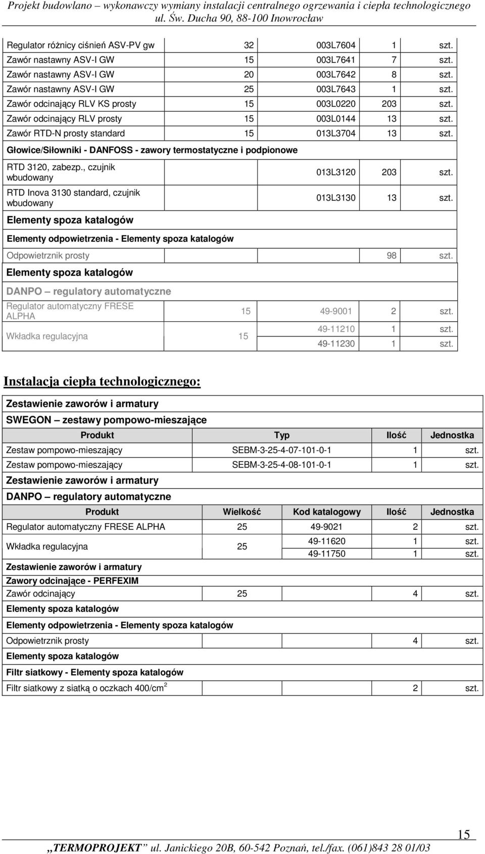 Głowice/Siłowniki - DANFOSS - zawory termostatyczne i podpionowe RTD 3120, zabezp., czujnik wbudowany RTD Inova 3130 standard, czujnik wbudowany 013L3120 203 szt. 013L3130 13 szt.