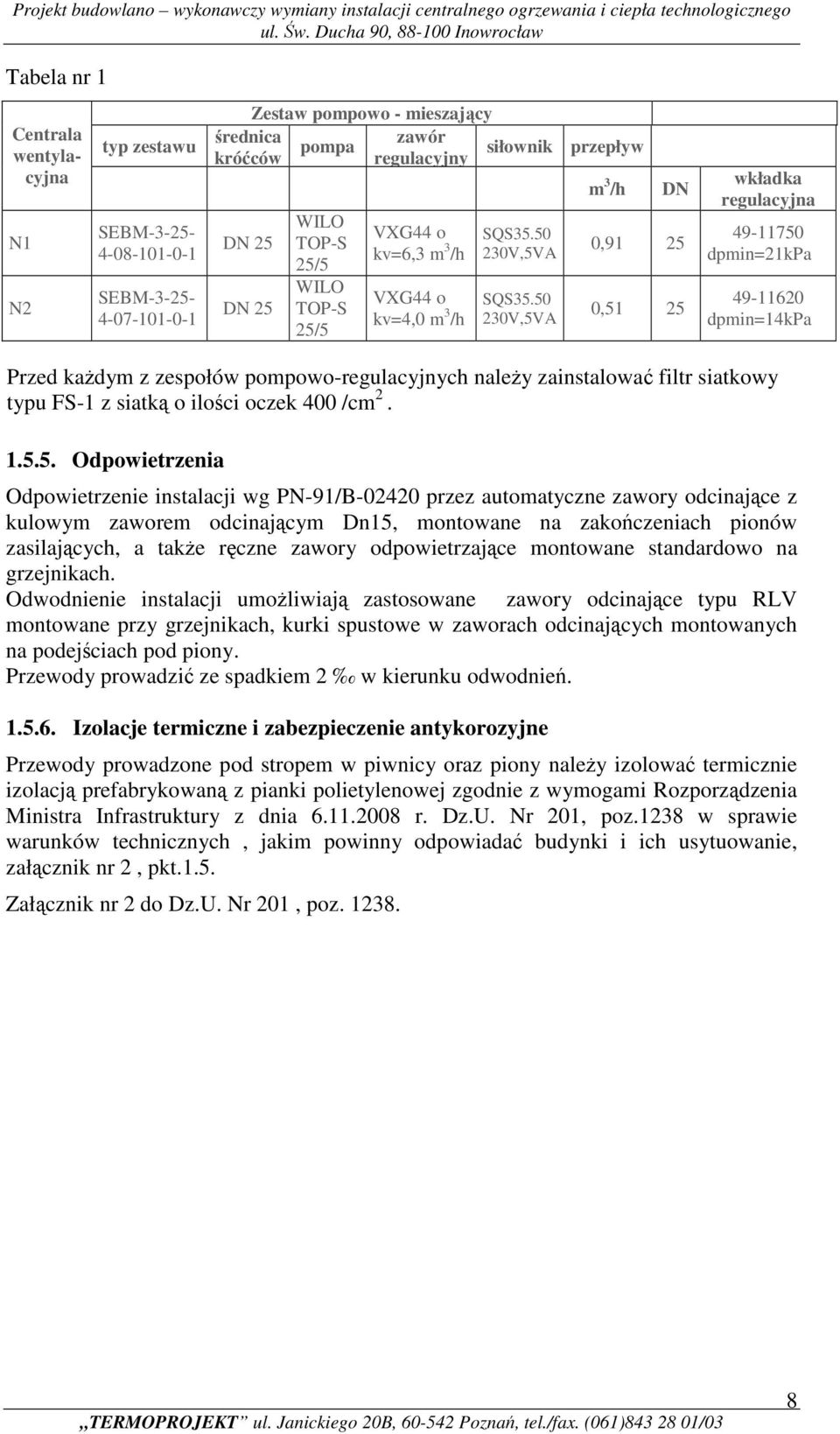 50 230V,5VA m 3 /h DN 0,91 25 0,51 25 wkładka regulacyjna 49-11750 dpmin=21kpa 49-11620 dpmin=14kpa Przed każdym z zespołów pompowo-regulacyjnych należy zainstalować filtr siatkowy typu FS-1 z siatką