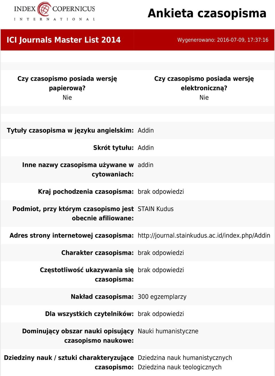 afiliowane: STAIN Kudus Adres strony internetowej czasopisma: http://journal.stainkudus.ac.id/index.