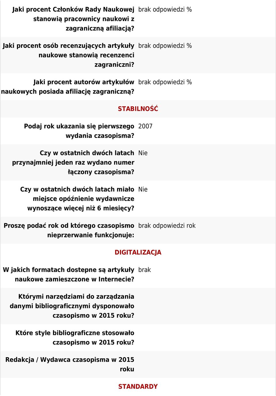 Czy w ostatnich dwóch latach przynajmniej jeden raz wydano numer łączony czasopisma? Czy w ostatnich dwóch latach miało miejsce opóźnienie wydawnicze wynoszące więcej niż 6 miesięcy?