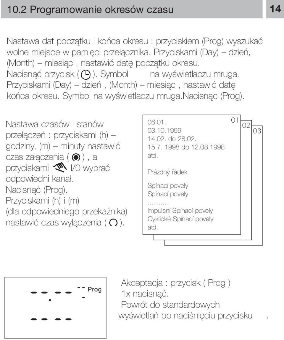 Symbol na wyświetlaczu mruga.nacisnąc (Prog). Nastawa czasów i stanów przełączeń : przyciskami (h) godziny, (m) minuty nastawić czas załączenia ( ), a przyciskami I/0 wybrać odpowiedni kanał.