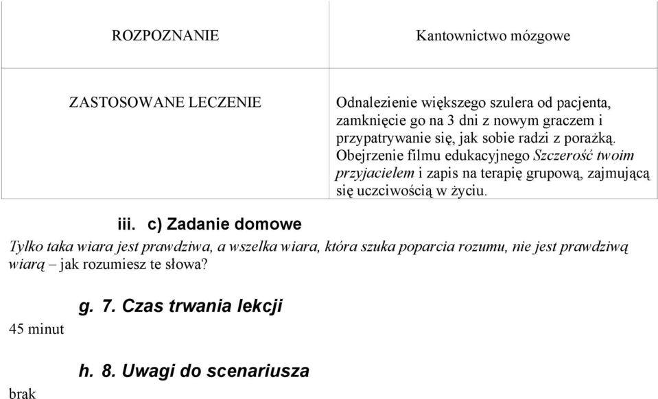 Obejrzenie filmu edukacyjnego Szczerość twoim przyjacielem i zapis na terapię grupową, zajmującą się uczciwością w życiu. iii.