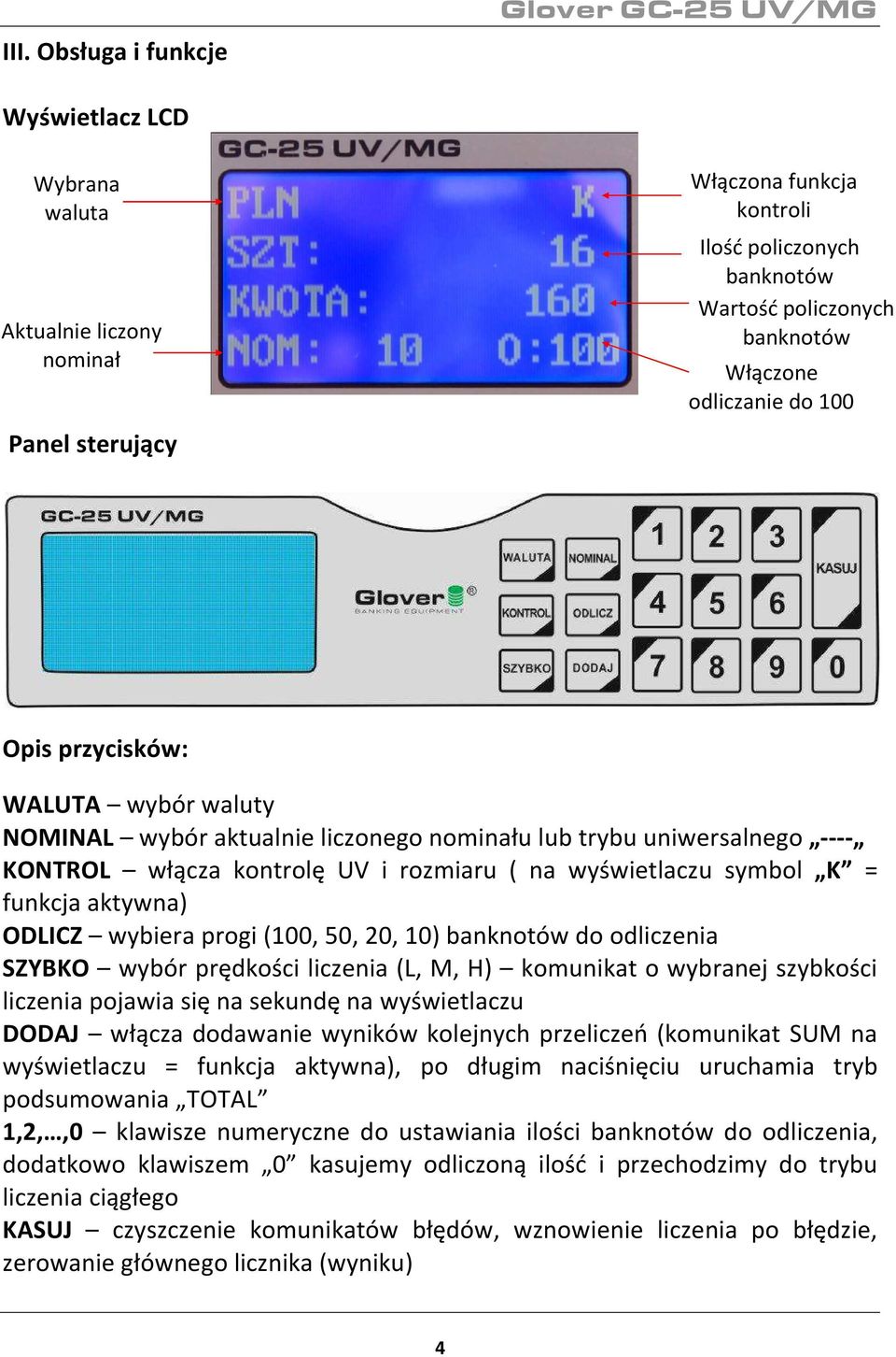 K = funkcja aktywna) ODLICZ wybiera progi (100, 50, 20, 10) banknotów do odliczenia SZYBKO wybór prędkości liczenia (L, M, H) komunikat o wybranej szybkości liczenia pojawia się na sekundę na