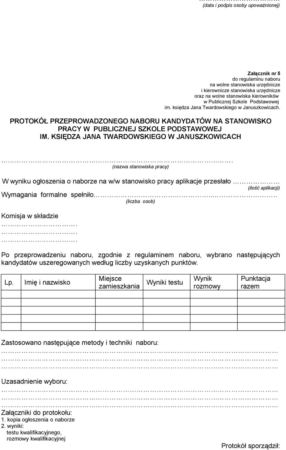 KSIĘDZA JANA TWARDOWSKIEGO W JANUSZKOWICACH. (nazwa stanowiska pracy) W wyniku ogłoszenia o naborze na w/w stanowisko pracy aplikacje przesłało (ilość aplikacji) Wymagania formalne spełniło.