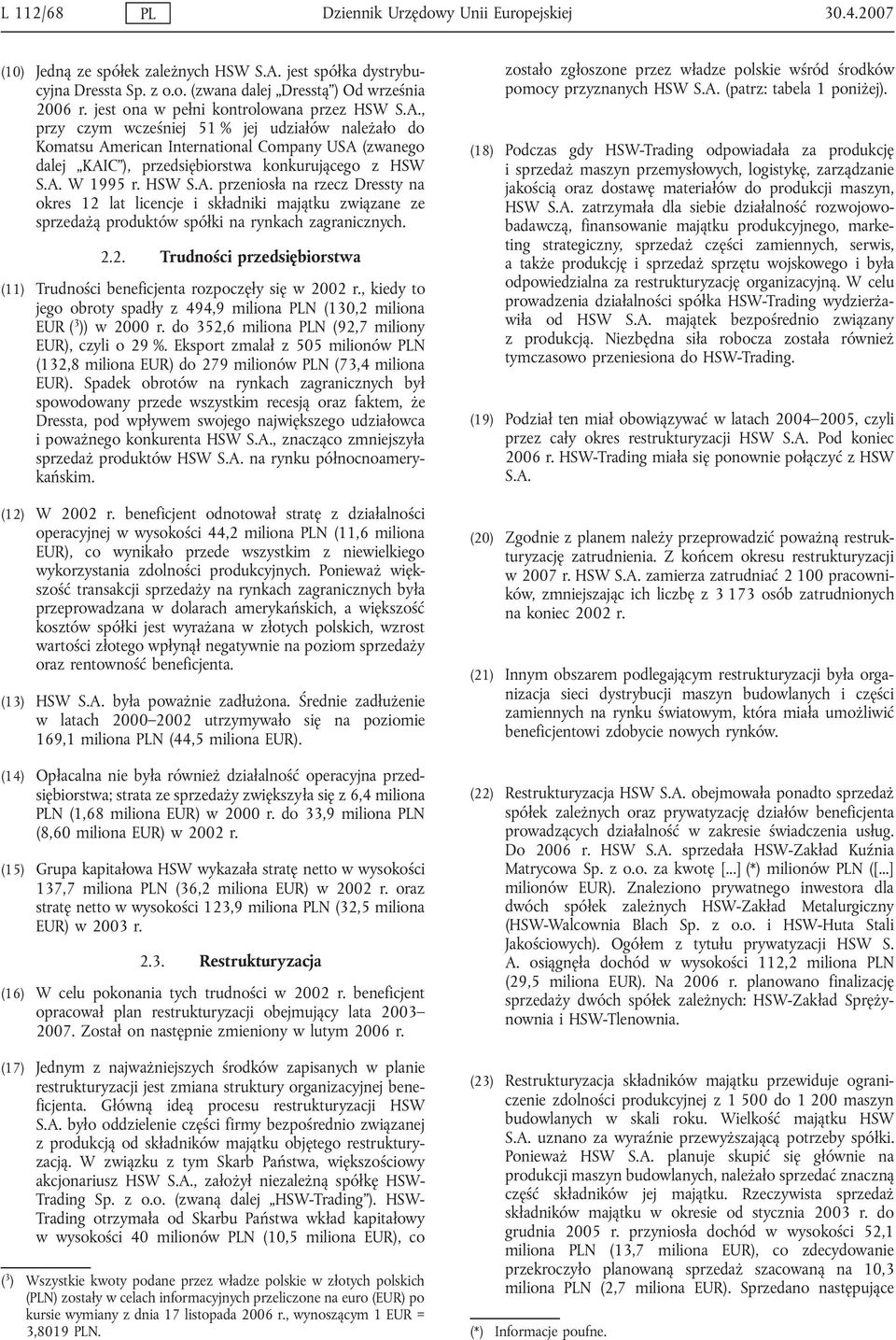 , przy czym wcześniej 51 % jej udziałów należało do Komatsu American International Company USA (zwanego dalej KAIC ), przedsiębiorstwa konkurującego z HSW S.A. W 1995 r. HSW S.A. przeniosła na rzecz Dressty na okres 12 lat licencje i składniki majątku związane ze sprzedażą produktów spółki na rynkach zagranicznych.