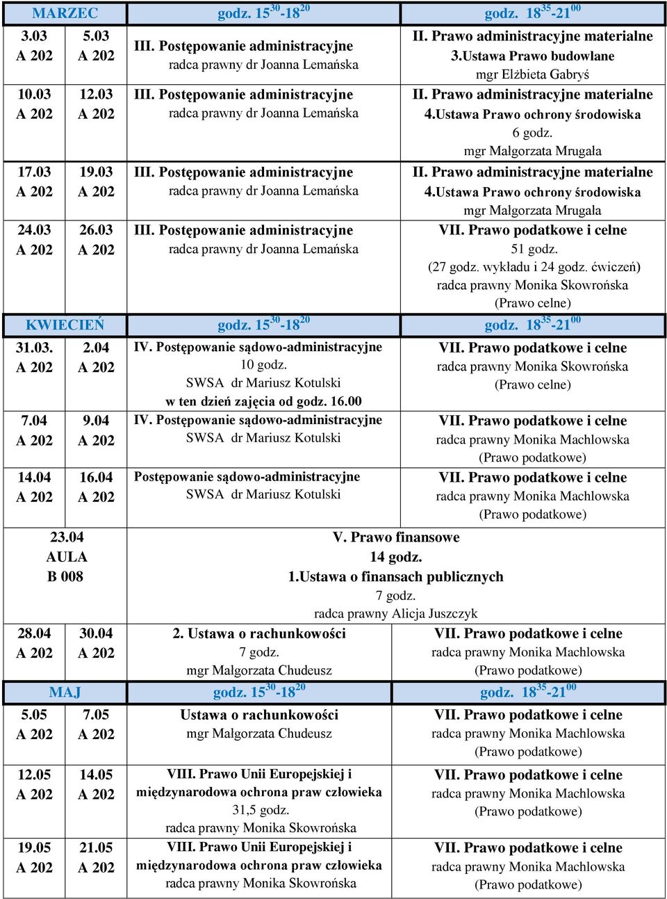 04 14.04 28.04 5.05 12.05 19.05 23.04 AULA B 008 2.04 9.04 16.04 30.04 IV. Postępowanie sądowo-administracyjne 10 godz. SWSA dr Mariusz Kotulski w ten dzień zajęcia od godz. 16.00 IV.