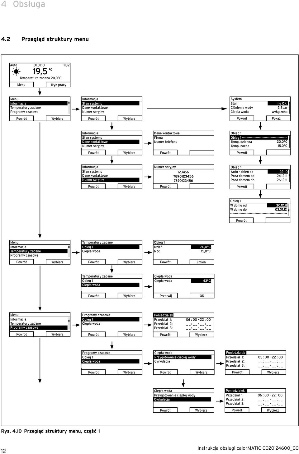 woda nie OK 2,3bar wyłączona Pokaż Informacja Stan systemu Dane kontaktowe Numer seryjny Dane kontaktowe Firma Numer telefonu Obieg 1 Obieg 1 --------------------------------------- Temp.