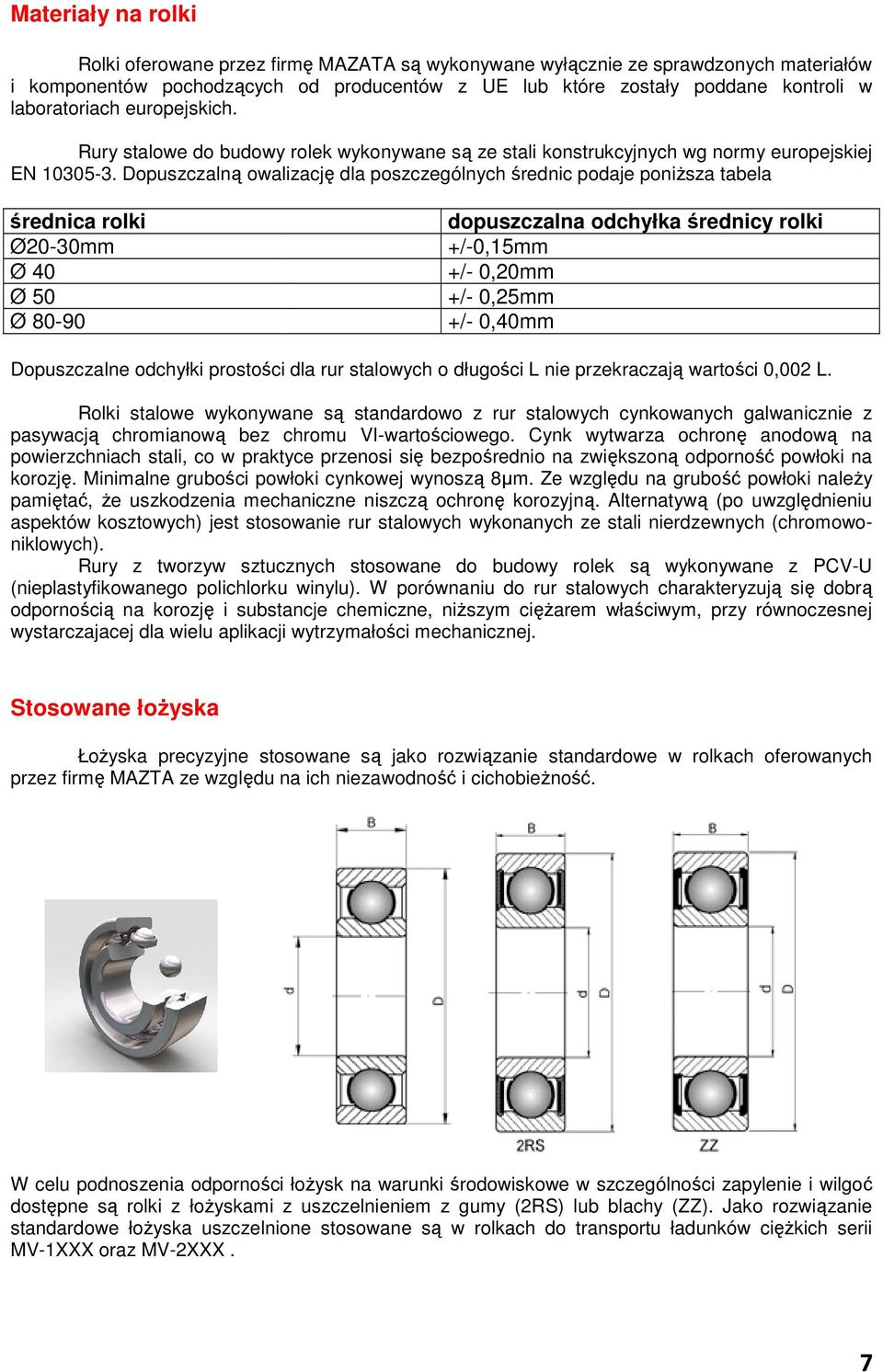 Dopuszczalną owalizację dla poszczególnych średnic podaje poniŝsza tabela średnica rolki Ø20-30mm Ø 40 Ø 50 Ø 80-90 dopuszczalna odchyłka średnicy rolki +/-0,15mm +/- 0,20mm +/- 0,25mm +/- 0,40mm