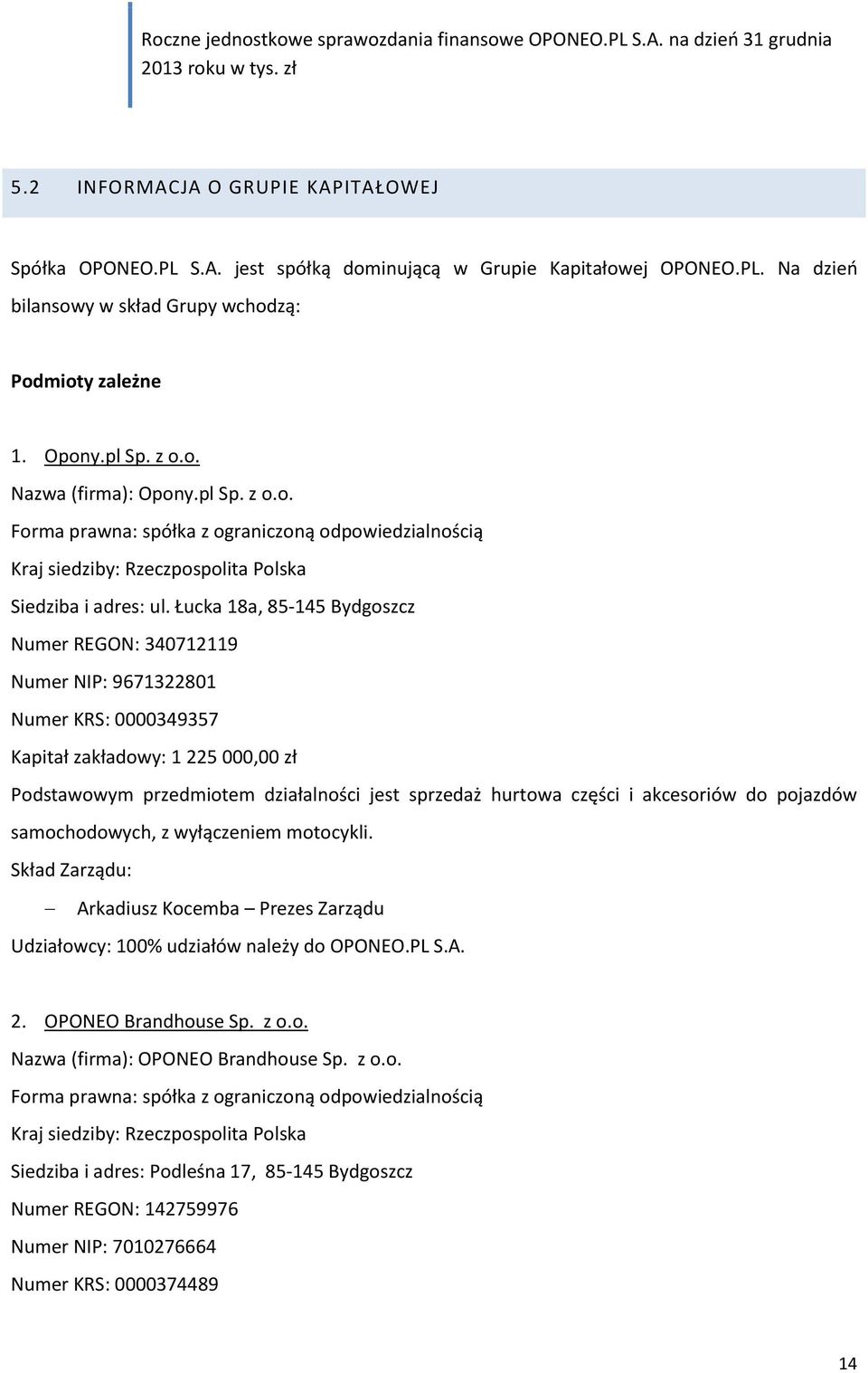 Łucka 18a, 85-145 Bydgoszcz Numer REGON: 340712119 Numer NIP: 9671322801 Numer KRS: 0000349357 Kapitał zakładowy: 1 225 000,00 zł Podstawowym przedmiotem działalności jest sprzedaż hurtowa części i