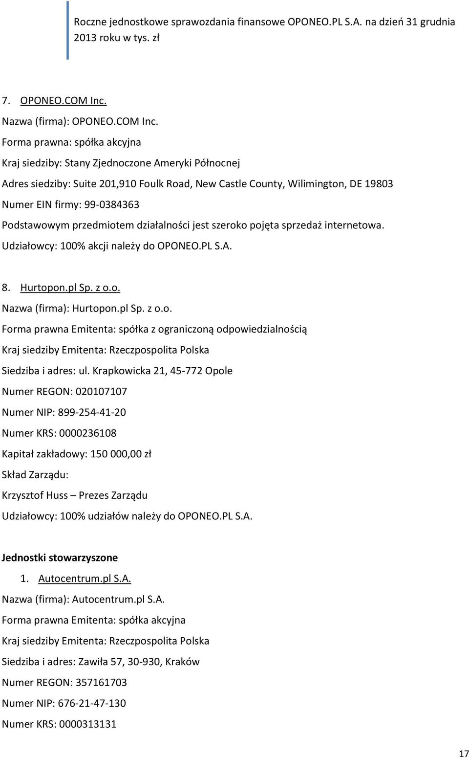 Forma prawna: spółka akcyjna Kraj siedziby: Stany Zjednoczone Ameryki Północnej Adres siedziby: Suite 201,910 Foulk Road, New Castle County, Wilimington, DE 19803 Numer EIN firmy: 99-0384363